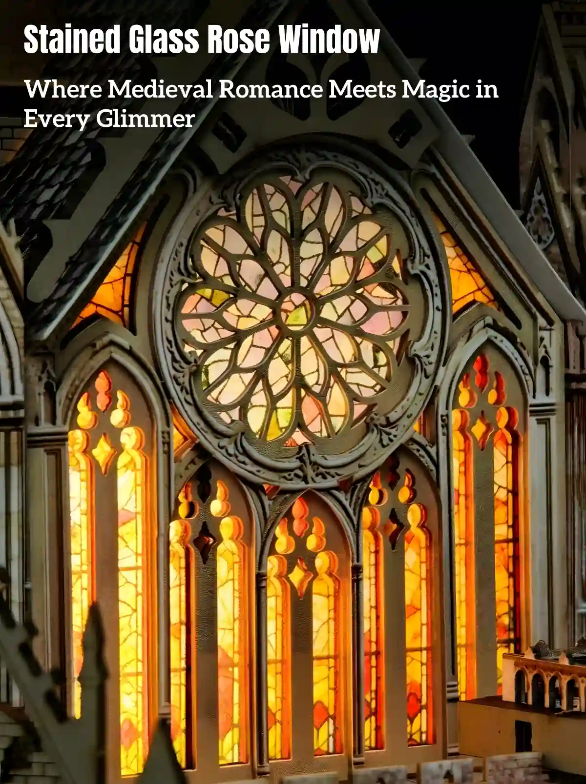 Intricate rose window on Glen Sky Citadel 3D wooden puzzle medieval Gothic architecture