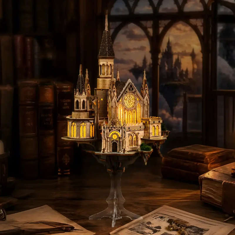 Glen Sky Citadel 3D wooden puzzle illuminated display on vintage wooden study desk