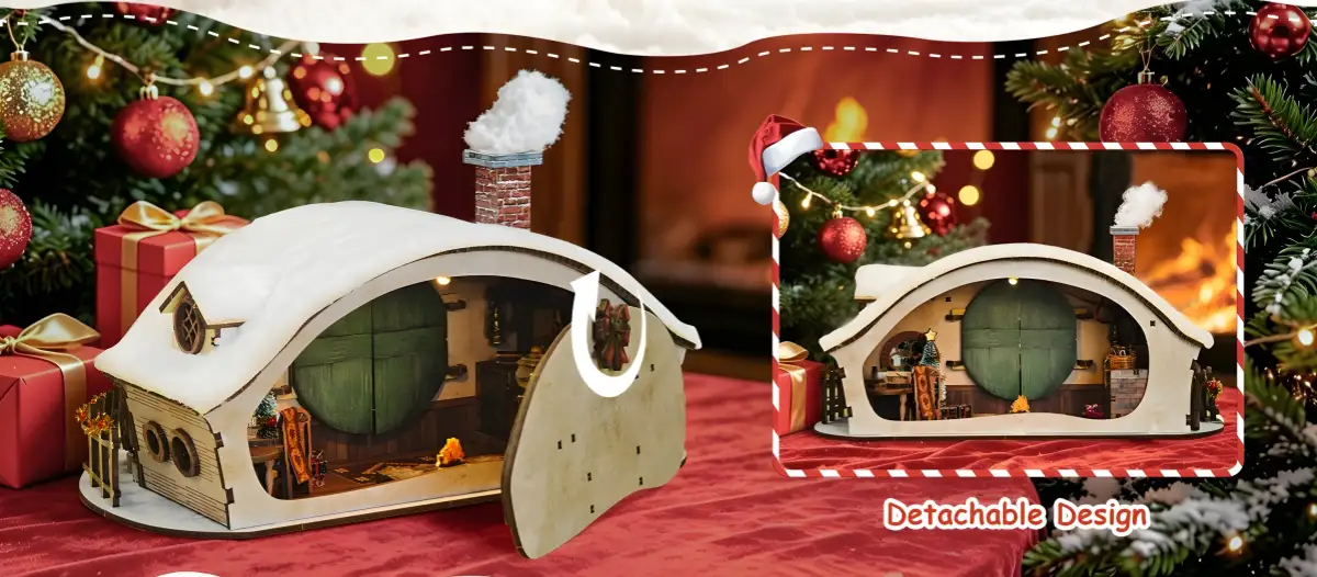 Detachable round-door miniature house revealing cozy lighted interior for Christmas fairy tale house