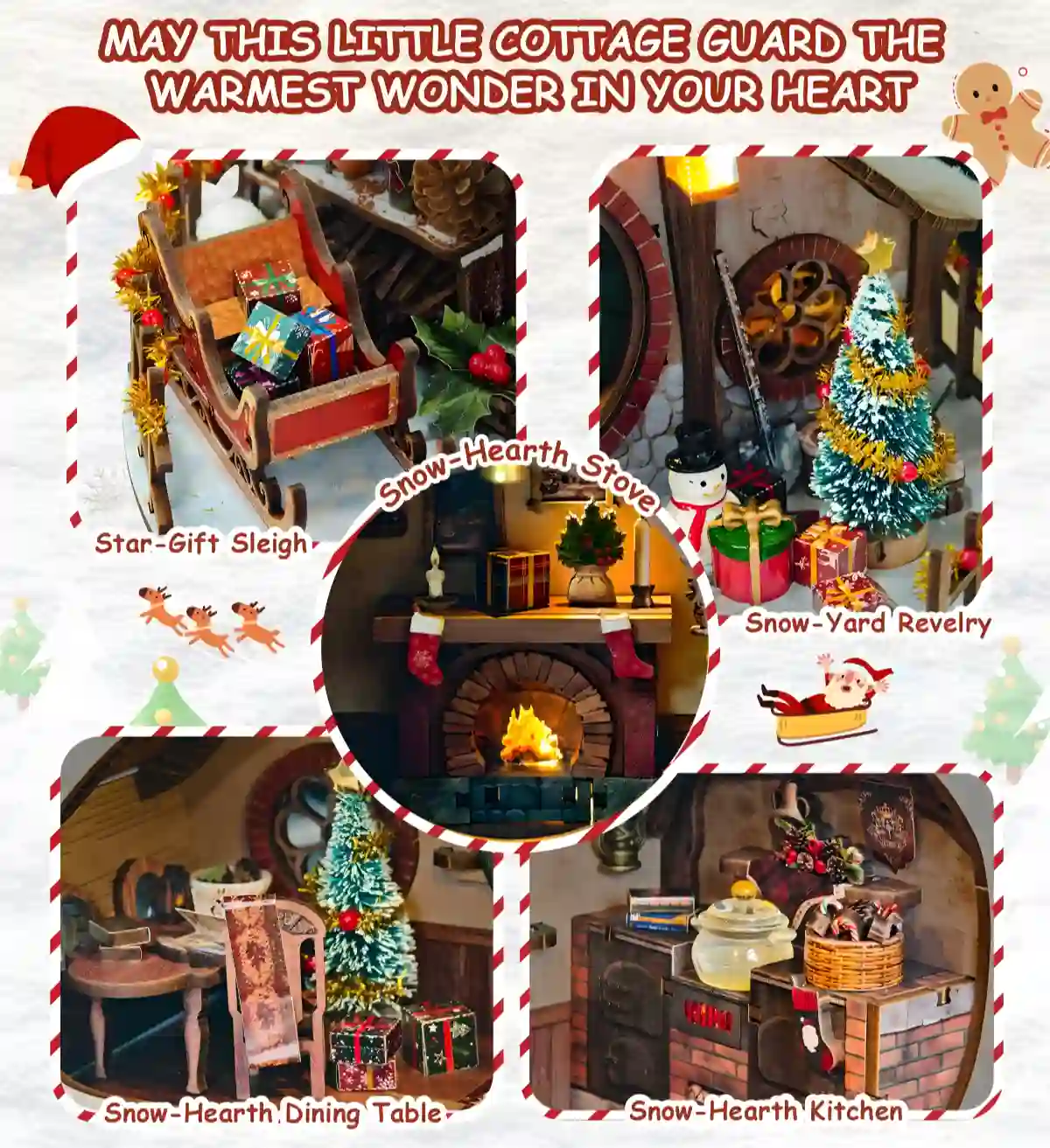 Detailed miniature fireplace, gift sleigh, and dining table inside personalized miniature scene
