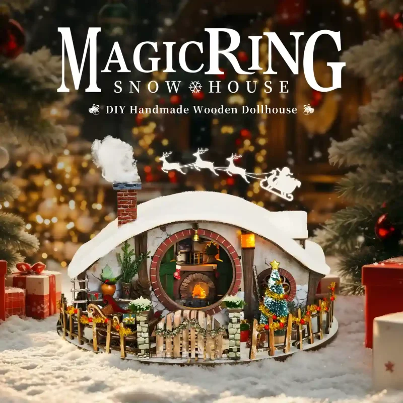 Magic Ring Snow House DIY miniature house kit with glowing fireplace and Christmas sleigh