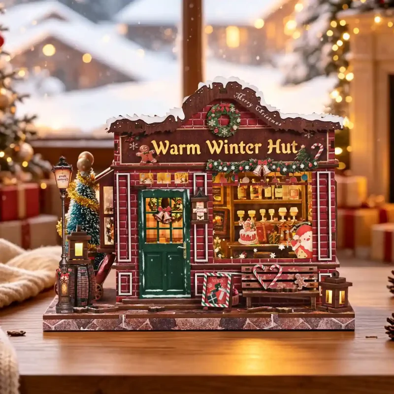 Warm Winter Hut Book Nook featuring a cozy Christmas miniature tavern with warm LED miniature lighting.