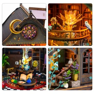 Close-up details of magical library miniature with rotating golden flower and stained glass