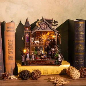 The Eternal Bloom Library Miniature House displayed on bookshelf between decorative vintage books