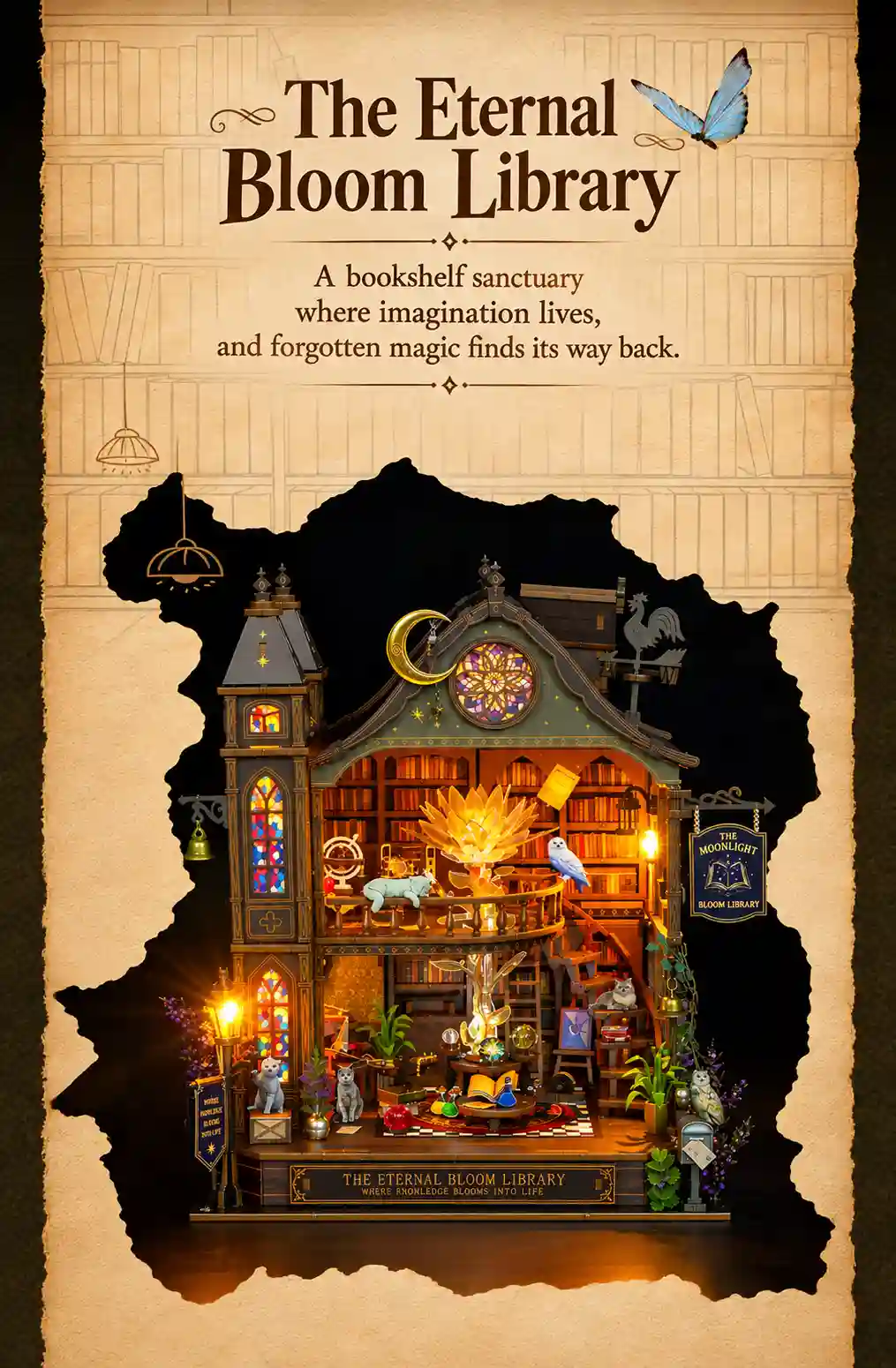 Moonlit magical library with warm LED miniature house effect in a parchment frame