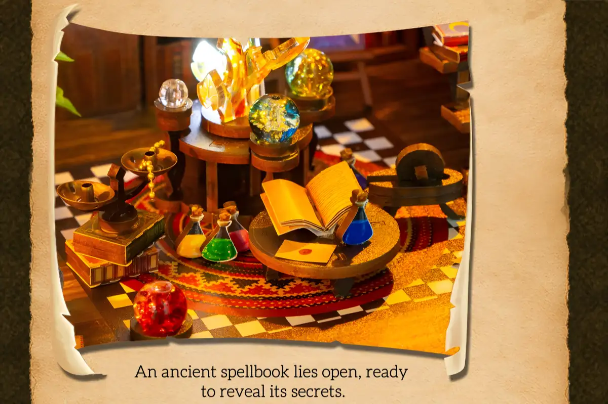 Magical library miniature featuring an open spellbook, glowing crystals, and potion bottles