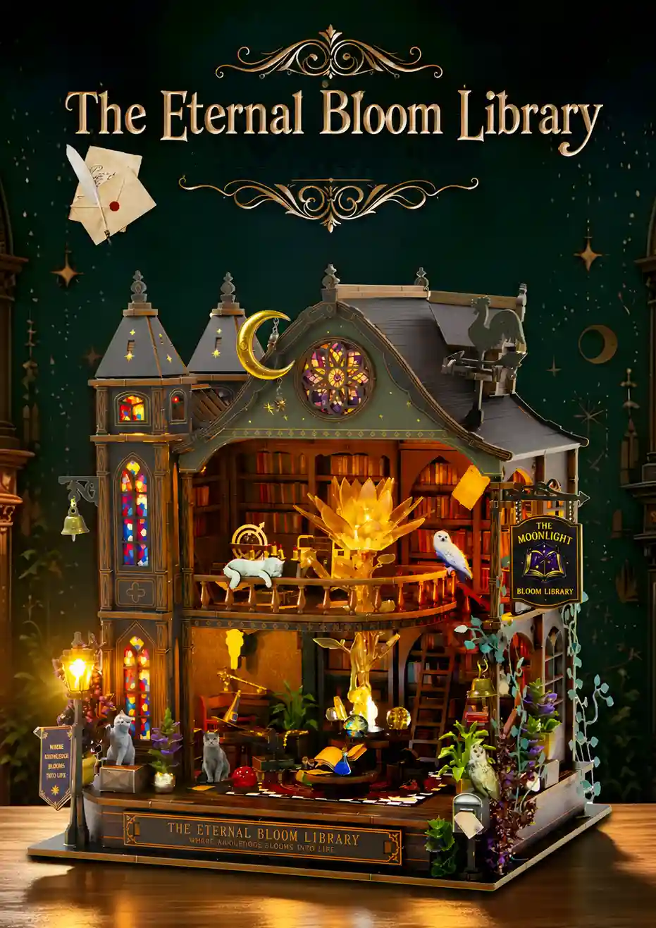 The Eternal Bloom Library Miniature House 558-piece DIY kit with glowing stained glass