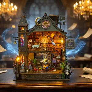 Rofuntime Miniature House in gothic library scene with flying magic pages and LED lights