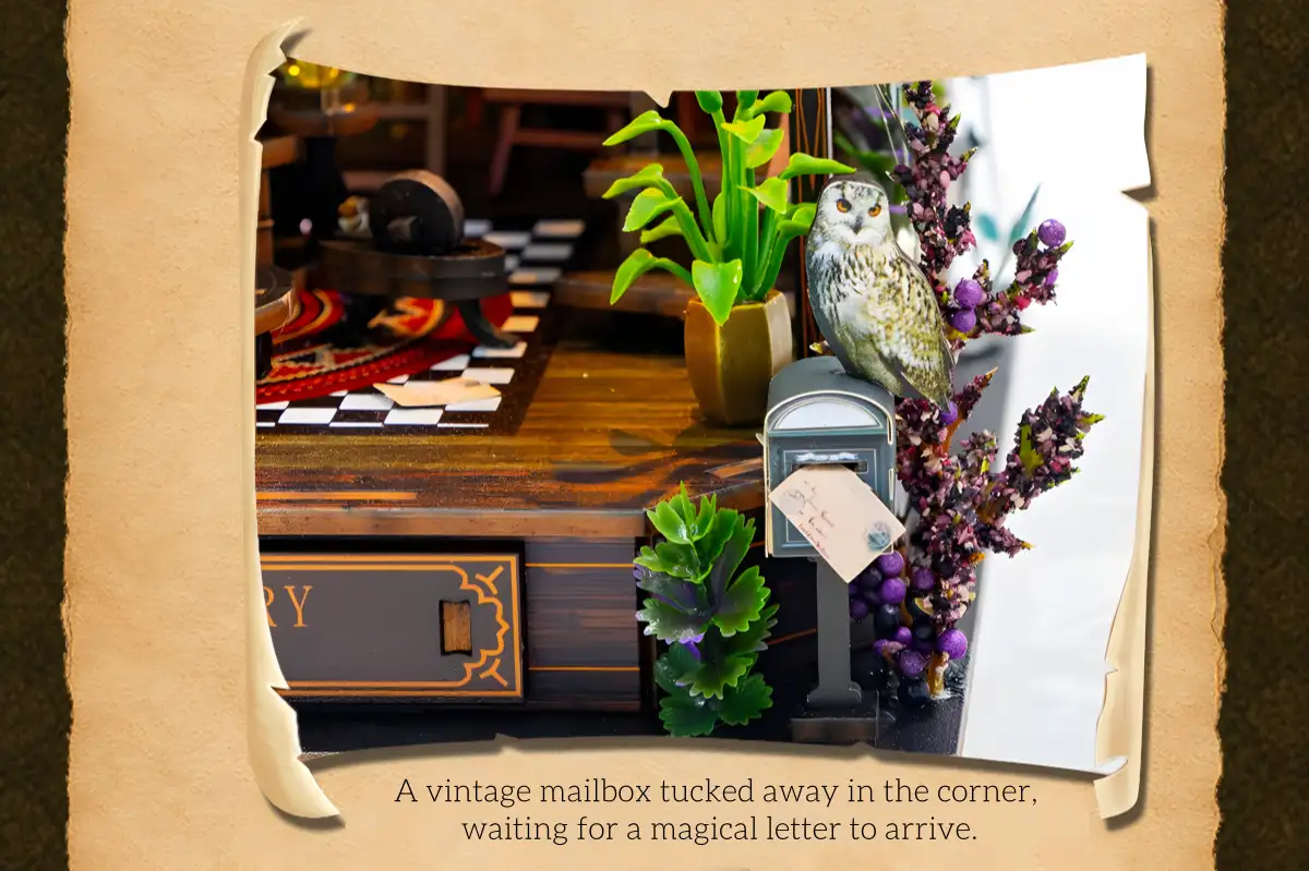 Gothic miniature house corner with vintage mailbox, magical letter, owl, and plants
