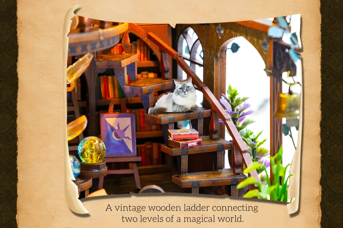 Parchment feature layout showing Rofuntime Miniature House wooden staircase and resting cat
