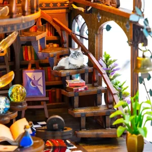 The Eternal Bloom Library Miniature House wooden staircase with resting cat and easel