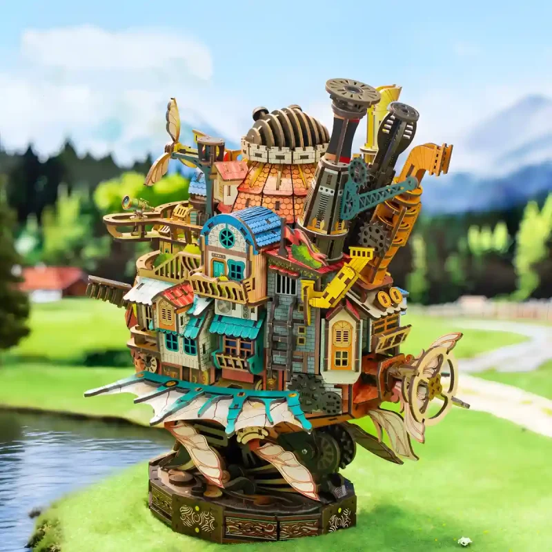 Traveling Castle 3D Wooden Puzzle fantasy desk decor with intricate wooden gear details