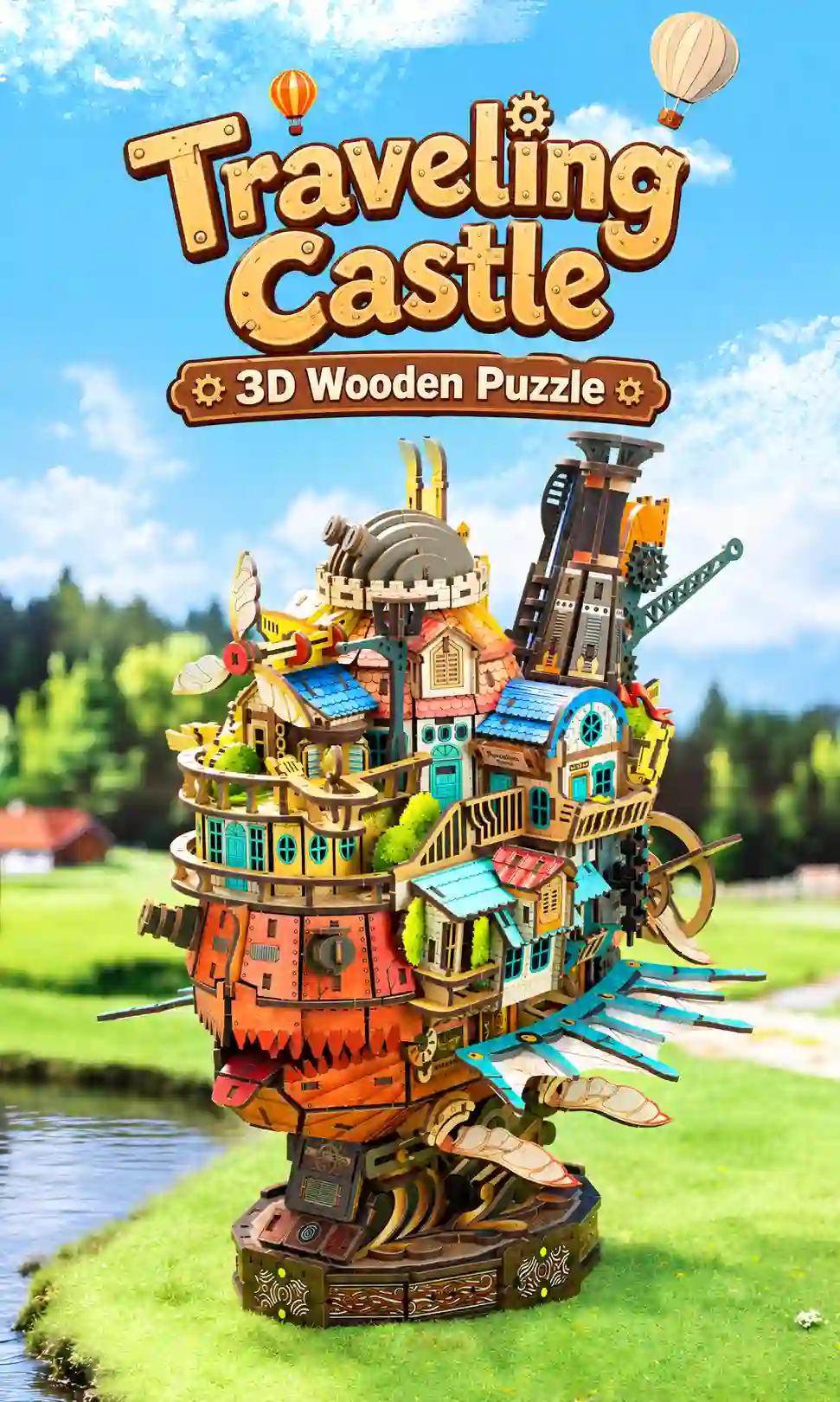 Traveling Castle 3D Wooden Puzzle steampunk flying castle model with motorized moving wings